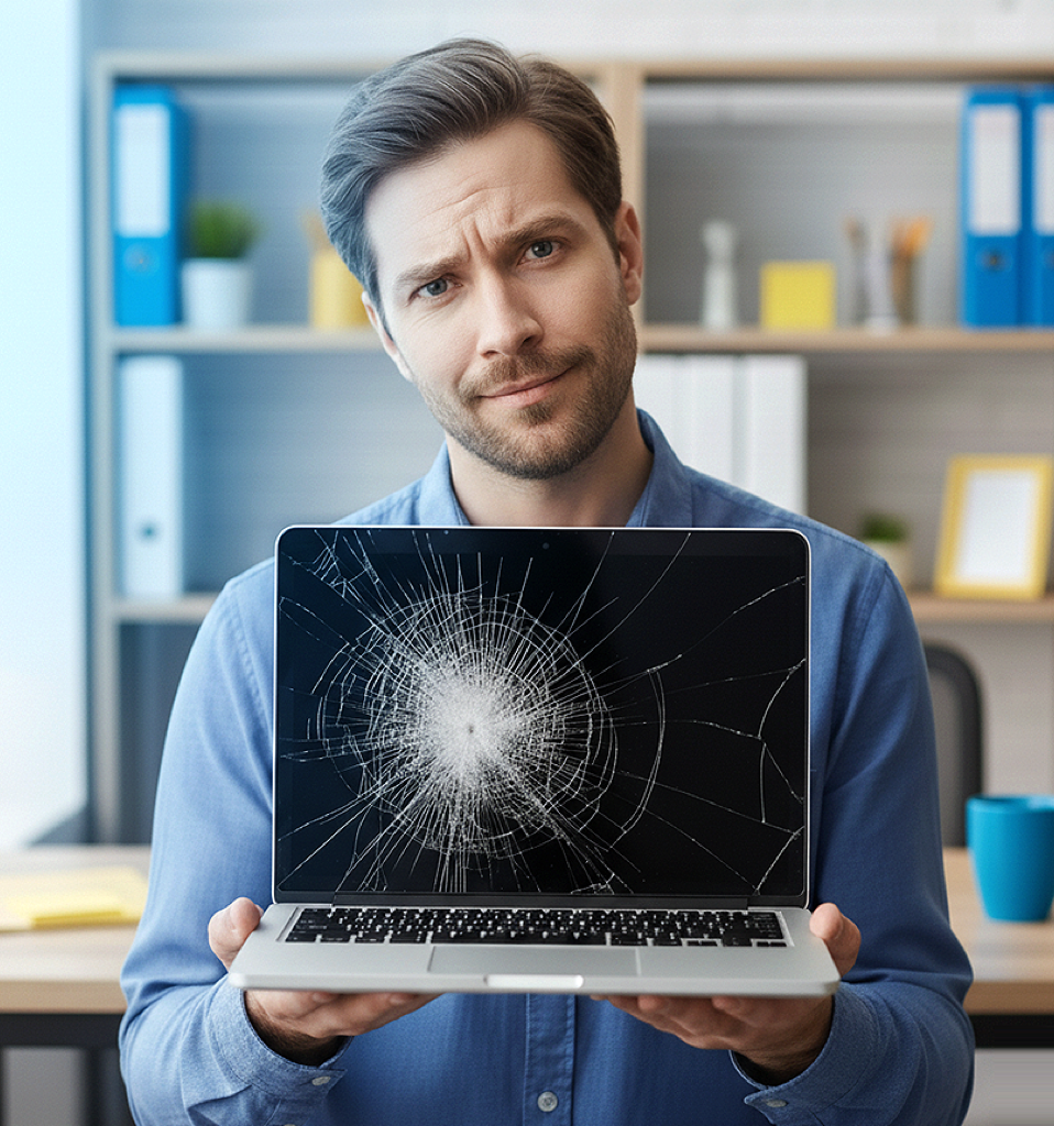 Man holding broken laptop needing repair