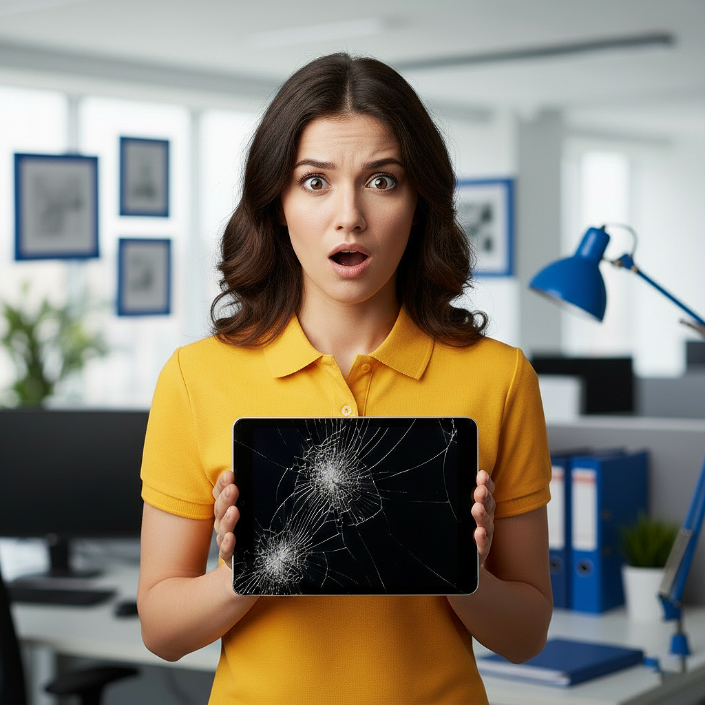 Woman holding broken tablet needing repair